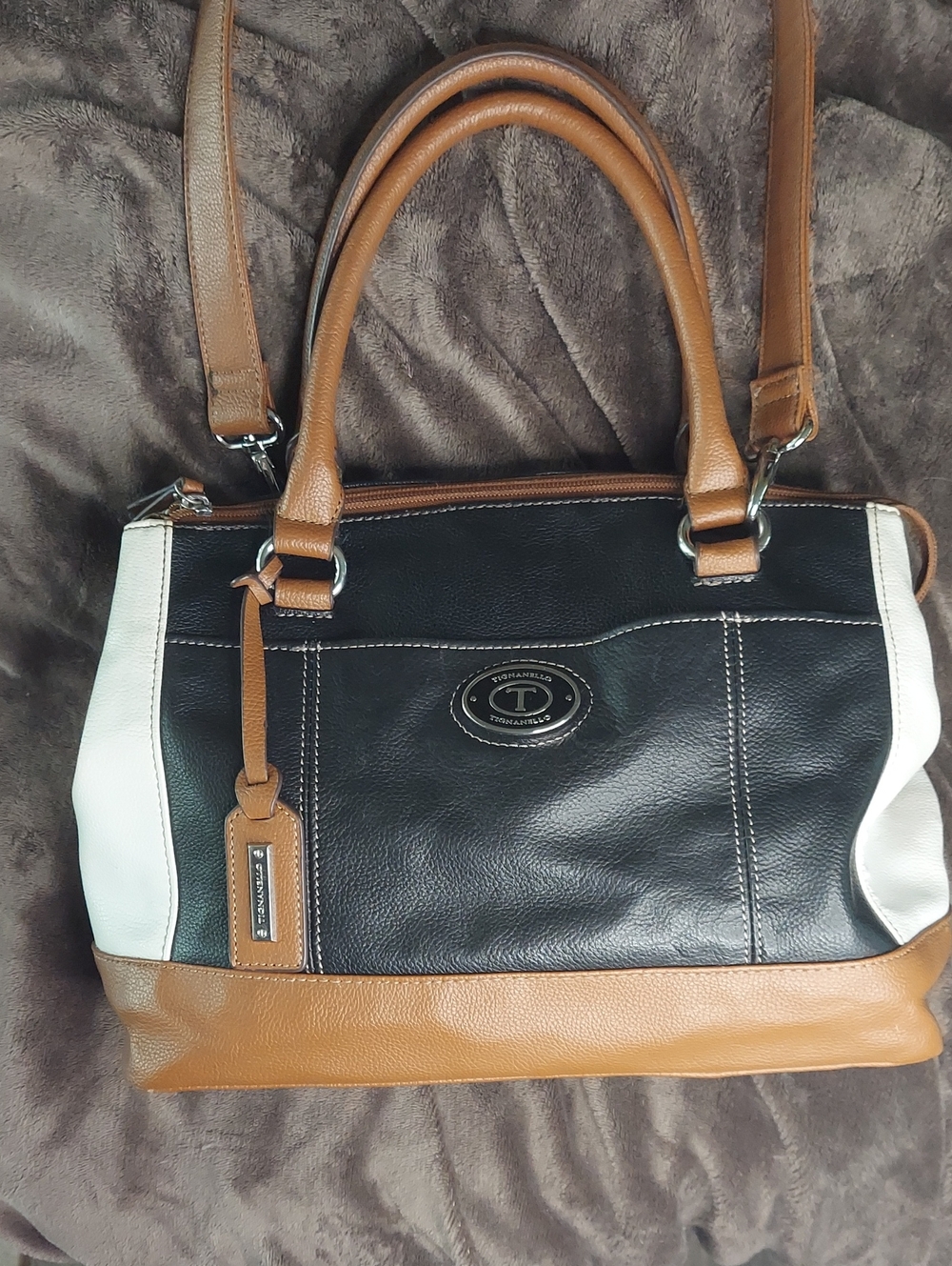 Tignanello Leather Handbag with Detachable Shoulder Strap. Black, White & Brown